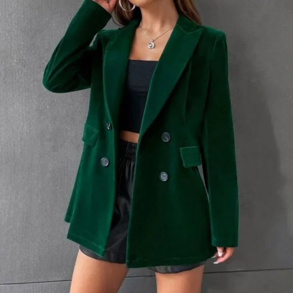 Velvet Double Breasted Green Blazer holiday